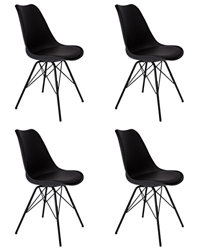 SAM 4er Set Schalenstuhl Lerche, schwarz, integriertes Kunstleder-Sitzkissen, Schwarze Metallfüße, Esszimmerstuhl im skandinavischen Stil