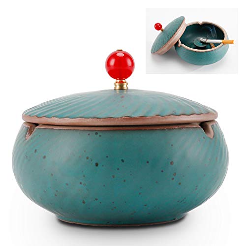 ONEDERZ Aschenbecher für Draußen mit Deckel, Keramik Windaschenbecher Geruchsdicht Sturmaschenbecher für Couchtisch Klein Dekoration Wohnung Schlafzimmer Balkon (Blau)