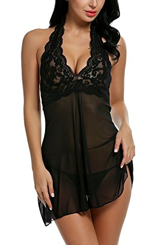 Avidlove Negligee Damen Nachtwäsche Nachtkleid Nachthemd Spitze Lingerie Dessous Reizwäsche Set Sleepwear Kleid,  EU S, A-Schwarz