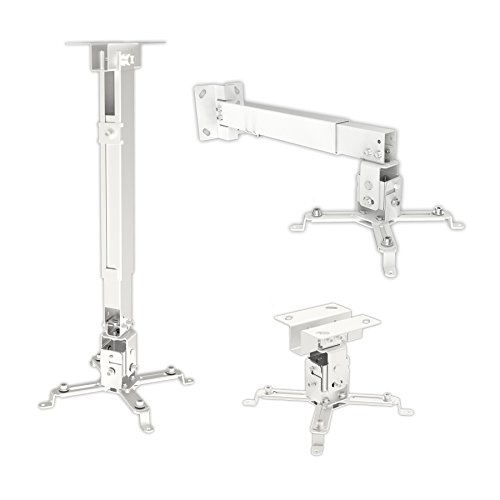 SAVONGA 3 in 1 UNIVERSAL BEAMER HALTERUNG 11616E aus Stahl in weiss, als DECKENHALTERUNG und WANDHALTERUNG, 20kg Tragkraft, variabler Decken oder Wandabstand (verstellbar), Idee für mittlere bis größere Geräte