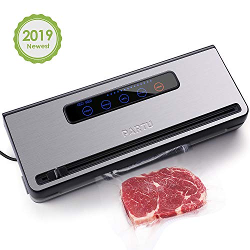PARTU Vakuumiergerät Vakuumierer für Trockene und Feuchte Lebensmittel Eingebauter Cutter mit 2 Vakuumrohre, 1 Profi-Folienrollen 28*300cm [Mit Schutzfolie auf Oberfläche]