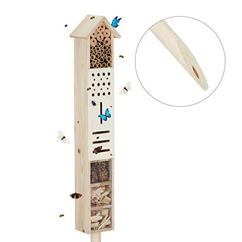 Relaxdays Insektenhotel mit Erdspieß, Nisthilfe Garten, groß, stehend, Bienenhotel Wildbienen, Holz, 148 cm hoch, Natur