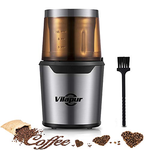 Vilapur Kaffeemühle,Elektrische Kaffeemühle & Gewürzmühle mit Edelstahlklingen Abnehmbare Schüssel & Klarer Deckel, 80g Fassungsvermögen