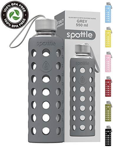 spottle Glasflasche mit Silikonhülle auslaufsicher - Trinkflasche Glas 550ml - spülmaschinenfest/Wasserflasche Glas mit Schutzhülle aus Silikon. Ideal für unterwegs, Fitness, Yoga, Sport - BPA frei