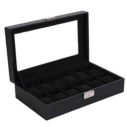 Songmics Uhrenbox Uhrenkoffer Uhrenkasten Kunstleder für 12 Uhren JWB12B