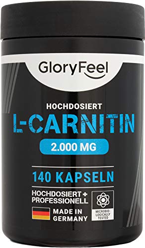 GloryFeel L-Carnitin Kapseln Hochdosiert 3000-140 vegane Kapseln - 3.000mg original L-Carnitintartrat davon 2.000mg reines L-Carnitin - Laborgeprüft und ohne Zusätze hergestellt in Deutschland