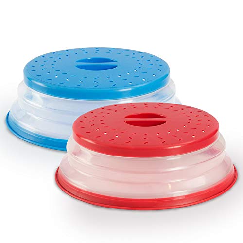 BESTZY 2PCS Faltbare Mikrowellenabdeckhaube Mikrowellenabdeckung Mikrowellen Abdeckung mit Sieb für Obst und Gemüse, BAP-frei und ungiftig 21 x 26 x 8,5 cm (Blue Und Red)