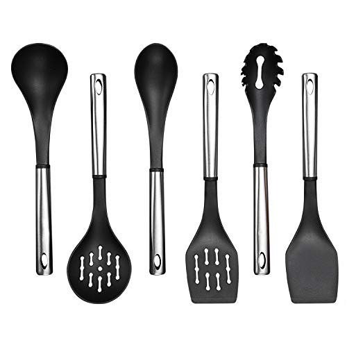 HOMQUEN Kitchen Utensil Set - 6-teiliges Kochgeschirr für Antihaft-Kochgeschirr - aus Silikon und Edelstahl - Inklusive Löffel, Schlitzwender, Vollwender, Skimmer, Suppenkelle, Pastaserver