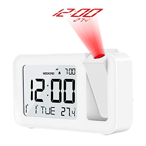 Projektionswecker, TedGem Reisewecker Digitaler Wecker Tischuhr 3,8'LCD Anzeige, Große Anzahl, 4 Helligkeit, 9 Min Snooze, 2 Alarmtöne, für Schlafzimmer, Büro, Küche (Weiß)