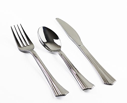 (150 Stück) Hochwertiges, silbernes Einweg-Plastikbesteck Set – 50 Plastikgabeln, 50 Plastiklöffel, 50 Plastikmesser – silbernes Einwegbesteck für Partys – BPA-frei