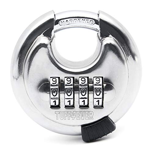 TUFF4EVER Zahlenschloss Diskus Vorhängeschloss 4-Stelliges Kombinationsschloss Combination Lock Disc Schloss Rund Edelstahl 70 mm Silber