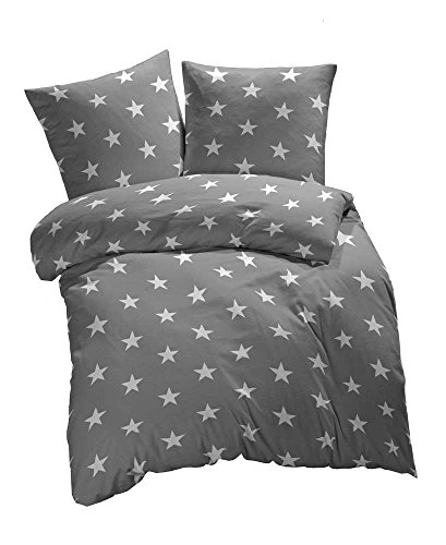 2 tlg. Renforcé Bettwäsche Sterne Muster - Ganzjahres & 4-Jahreszeiten Bettwäsche-Set - 135x200 + 80x80 cm - Grau