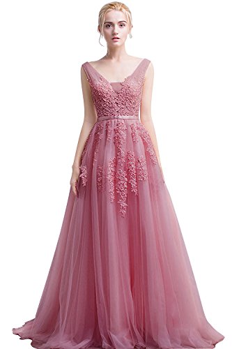 Babyonline Damen Rückenfrei Spitze Tüll Abendkleid Lang Ballkleid Hochzeit Brautjungfernkleid mit Träger
