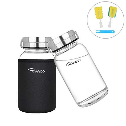 RYACO Glasflasche Trinkflasche 800ml Breiter Mund Borosilikat Classic Tragbare BPA-frei Sportflasche Glas Wasserflasche zum Mitnehmen von kalten Heiß Getränken mit Neopren Tasche und Schwammbürste