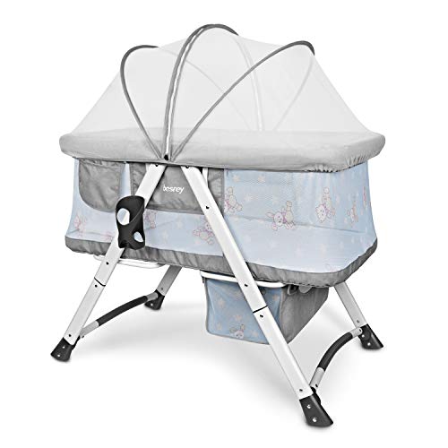 Besrey Stubenwagen Set Reisebett Babywiege für Baby Kinder mit Schaukelfunktion Matratze Moskitonetz faltbar zusammenklappbar - grau