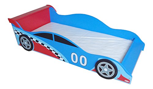 Kiddi Style Autobett & Rennwagenbett in Blau / Rot – Kinderbett & Spielbett für Jungen – Jugendbett & Rennautobett – 140 cm x 70 cm