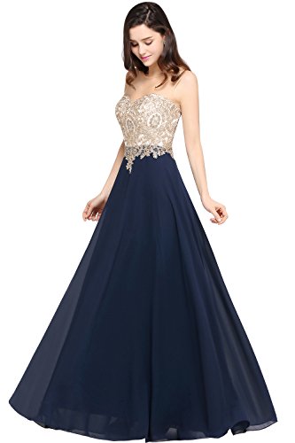 MisShow Damen Elegant Chiffon A-Linie Lang Abendkleider Brautjungfernkleider Applique Abschlusskleid Maxilangkleid Gr.32-46, Navyblau, 34