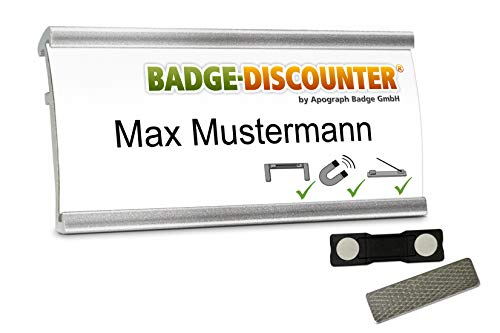 10 Aluminium Namensschilder magnetisch für Kleidung zum Anstecken Komplettset NMSG Silber Alu Namensschild beschriften 2er Magnet Clip Nadel Papier Drucketiketten A4 Magnetnamensschild bedrucken 72x32