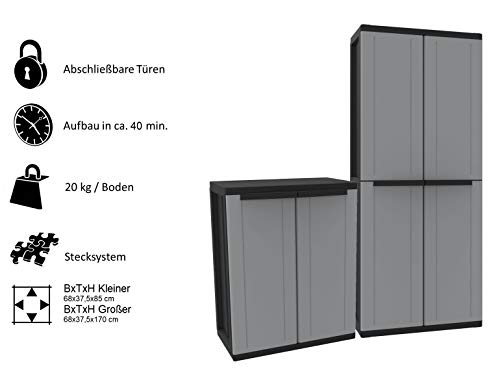 Kreher Kunststoffschrank Set: Universalschrank und Beistellschrank. Maße Universalschrank BxTxH ca. 68 x 37,5 x 170 cm. Maße Beistellschrank BxTxH ca. 68 x 37,5 x 85 cm