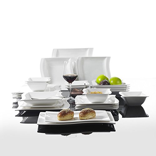 Malacasa, Serie Flora, 26 tlg. Cremeweiß Porzellan Geschirrset Kombiservice Tafelservice im klassischen Design mit je 6 Schalen, 6 Dessertteller, 6 Suppenteller, 6 Speiseteller und 2 Rechteckigen Platten