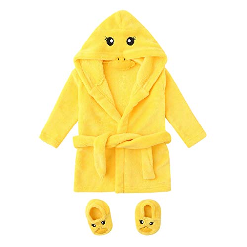 Baby Bademäntel Schuhe Set,Tonsee Duschmantel Frotteemantel Morgenmantel mit Kapuze für Mädchen und Jungen Nette Karikatur Weich Bequem Robe Schal Handtuch Bad Fleece Wickeln mit Gürtel (0-6M, Gelb)
