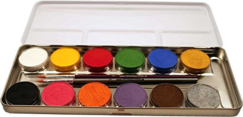 Eulenspiegel Schminkpalette aus Metall mit 12 Farben und 2 Profipinsel, 1 Stück