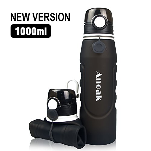 Faltbare Trinkflasche 100% BPA-frei Wasserflasche mit Leck Sicherheitsventil für Camping, Sport, Outdoor und Reisen,Sportflasche,1000ML,schwarz[2018 Neues Upgrade]