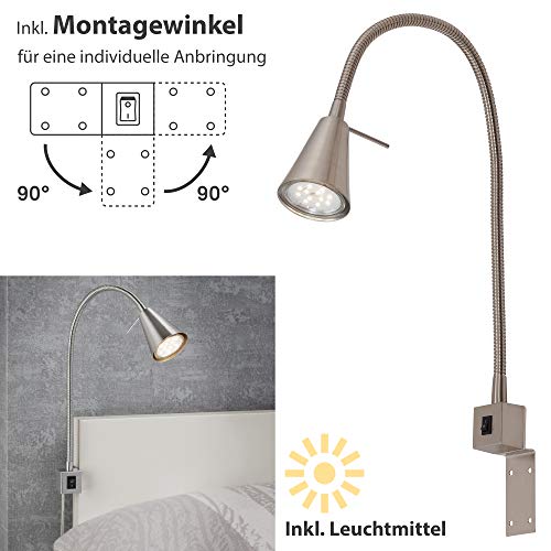 Briloner Leuchten LED Bettleuchte, Bettlampe Flexarm, inkl. An-/Ausschalter, 4 Watt. 400 Lumen, 3.000 Kelvin, 4 W, Matt-Nickel
