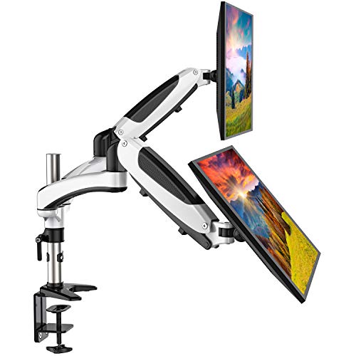 HUANUO Aluminium Monitor Halterung 2 Monitore Höhenverstellbar, Gasdruckfeder Arm 360° Drehbar für 15 bis 27 Zoll LED LCD Bildschirme, mit C-Klemme & Kabelmanagement