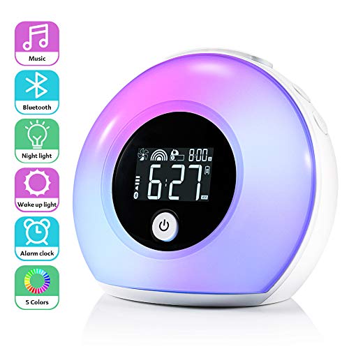 Lichtwecker für Kinder, ZOTO Wake Up Licht mit Bluetooth Lautsprecher, 5 Farbeinstellung, 4 Helligkeit, 3 natürliche Klänge und Vibration Induction Night Light für Kinder, Party, Schlafzimmer