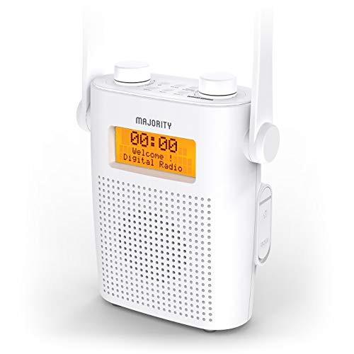 Majority Eversden DAB/DAB + wiederaufladbares tragbares UKW-Duschradio, wasserdichtes IPX5, stoßfestes Material, Gummiband, Bluetooth, AUX-Eingang, Kopfhöreranschluss, Dual-Wecker, Dusch-Timer (Weiß)