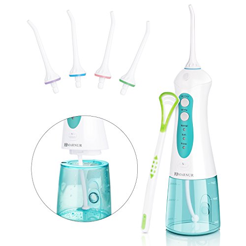 MARNUR Munddusche Elektrische Dentale Oral Irrigator Wasserreiniger kabellos USB wiederaufladbar tragbar mit 4 Düsen und 200ml Wassertank für Zahnpflege und Zahnreinigung