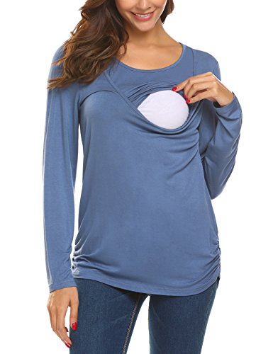 Unibelle Damen Maternity Still-Oberteile Langarm Geraffte Still-T-Shirt Nursing T-Shirts Stahlblau XL