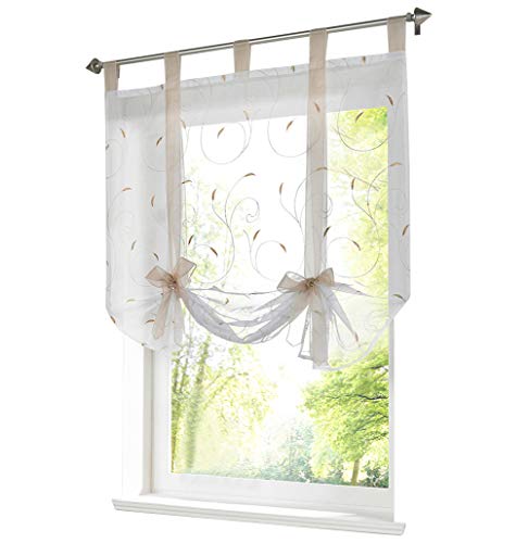 LiYa Raffrollo mit Stickerei Band Raffgardinen Voile Transparent Schlaufen Vorhang (BxH 120x140cm, Sand)