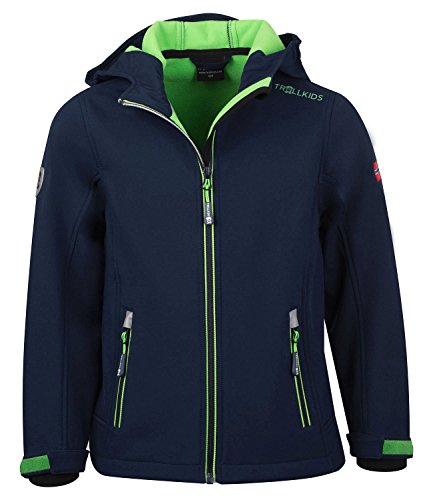 Trollkids Kinder Softshell Jacke Trollfjord, Marineblau/Hellgrün, Größe 164