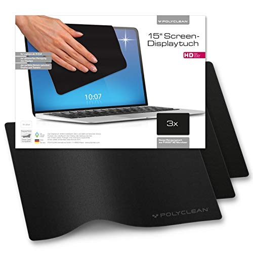 POLYCLEAN 3x Displaytuch - Reinigungstuch für Tablet, Notebooks & Laptops - Schutztuch für Bildschirm, Tastatur & Monitor (15 Zoll, Schwarz, 3 Stück)