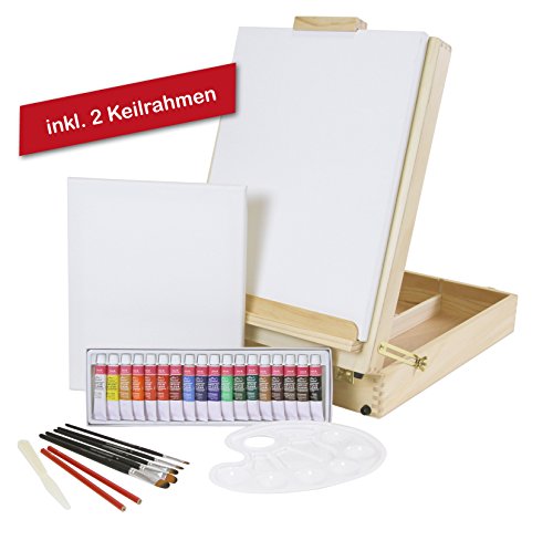 XL-TISCHSTAFFELEI + MALSET „Riva“ 35-teilig mit Acrylfarben, Pinselset + Keilrahmen, Utensilienkoffer, Kofferstaffelei