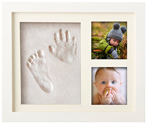 PREMIUM BABY HAND & FUßABDRUCK SET zum selber machen | mit Echtholz Bilderrahmen, Acrylglas & Platzhalter für 2 Babyfotos | Perfekte Geschenkidee für Kleinkinder, Mütter und Väter |100% schadstofffrei
