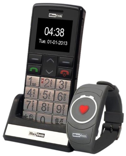 Maxcom MM 715 Großtasten Handy mit Notrufarmband (4,5 cm (1,8 Zoll) Farbdisplay, großes Telefonbuch (300), FM Radio, 1,3 Megapixel Kamera, WAP, Bluetooth) silber/schwarz