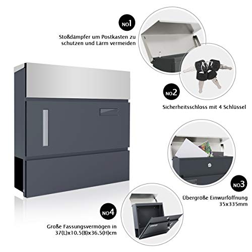 Nisso Edelstahl Briefkasten mit Zeitungsrolle Rostfreier Wandbriefkasten A4 Einwurf-Format Lackiert Postkasten inkl. 4 Schlüssel Namensschild Stichfenster Silber & Anthrazit 370mm x 105mm x 365mm
