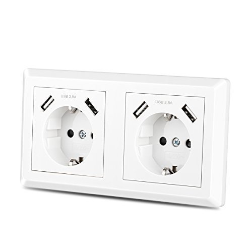 Doppelsteckdose mit 4 x USB Anschluss Ladebuchsen, USB Schuko Wandsteckdose Passt in Standard 2-fach Unterputzdose, Schutzkontakt USB Steckdose Unterputz System 55 Reinweiß glänzend weiß TÜV geprüft zum Mobilgeräten iPhone iPad Smartphone MP3