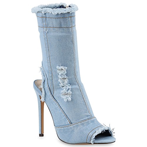 Damen Pumps Stiefeletten High Heels Schnürpumps Cut-Outs Schuhe 143526 Hellblau Denim 39 Flandell