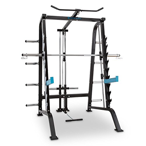 CAPITAL SPORTS Squatster • Squat Power Rack • Multi-Kraftstation • Kraftstation • geführte Langhantelstange • Latzugmaschine • 9 Höhenstufen • 2 x Safety Spotter • Gewicht-Ablage • blau-schwarz