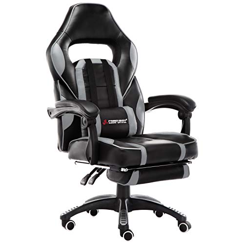 JL Comfurni Gaming Stuhl Bürostuhl Racing Stuhl Ergonomischer Chefsessel Computerstuhl 360°drehbar Lehnstuhl Kunstleder höhenverstellbar Schreibtischstuhl mit lendenkissen und Fußstütze Schwarz&Grau