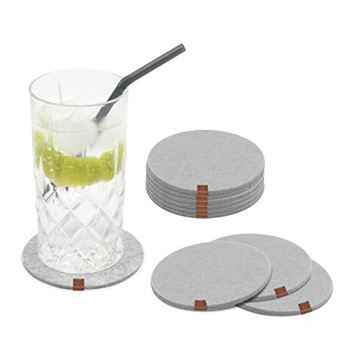 Miqio Design Glasuntersetzer - Filz und Leder - Waschbar - 10er Set mit Echtleder Applikation