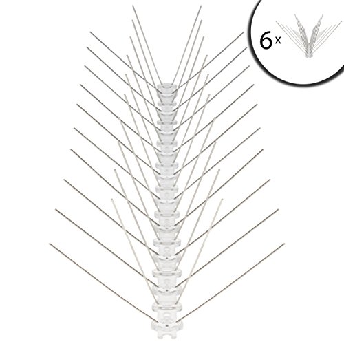 3 Meter Edelstahl Taubenabwehr | 4-reihig | Gesamtlänge 300 cm | 6 Elemente a 50 cm Vogelabwehr | Mit Klickverschluss und Sollbruchstellen | Vogel Spikes | Taubenspikes aus Edelstahl mit transparenter Polycarbonat Grundplatte gegen Raben, Vögel, etc.