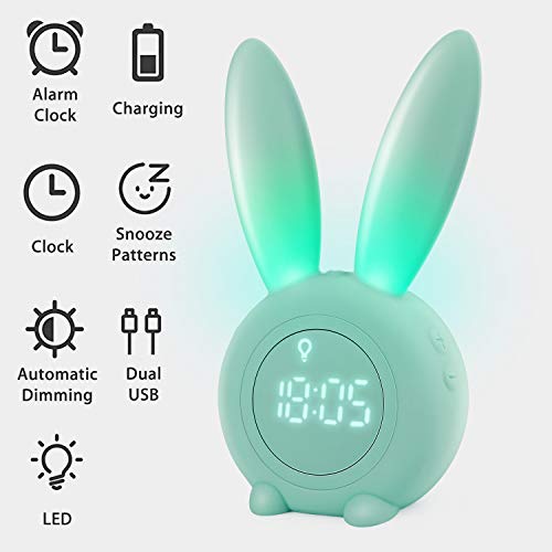 Homealexa Kinder Lichtwecker Cute Rabbit Wake Up Kinderwecker Creative Nachttischlampe Snooze-Funktion, zeitgesteuertes Nachtlicht, Kindertagesgeschenk für Kinder, Mädchen (Grün)