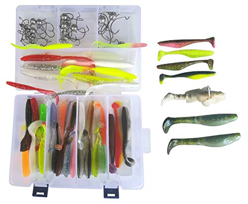 SANDAFishing Spinnfischen Raubfisch Köder Box Relax Kopyto Gummifisch Set 9 10 14 cm Hecht Zander Barsch Gummiköder Angel Zubehör Jigkopf Kunstköder Angeln Profi Angelset Anfänger (Box 79Teile)