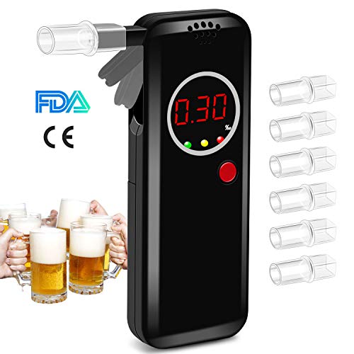 UBRU Alkoholtester, Akkurater Promilletester Professioneller Atemalkoholmessgerät Halbleiter Sensorik Digitaler LCD Polizeigenau Alkohol Tester mit 6 Mundstücke und 1 Stofftasche