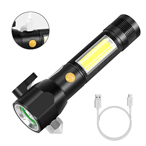 LED Taschenlampe, Welltop Wasserdicht COB Arbeit Taschenlampe Magnetische USB Aufladba Taschenlampen, 5 Licht-Modi,mit Notfallhammer, Gurtsschneider für Auto Reparatur, Camping, Notbeleuchtung